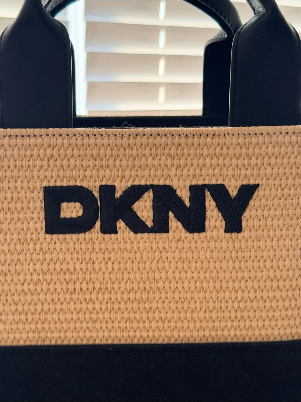 DKNY Black and Natural Straw Mini Tote